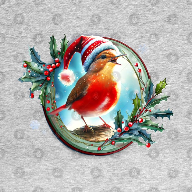 A red bird in a Christmas hat singing on a branch inside a festive winter frame of mistletoe and winter berries and snow flakes by WitchDesign